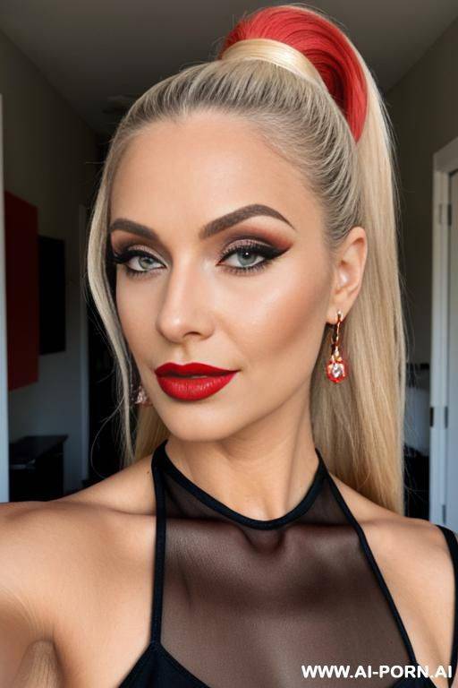 long ponytail, blonde, red lipstick, makeup, normal, milf - #main
