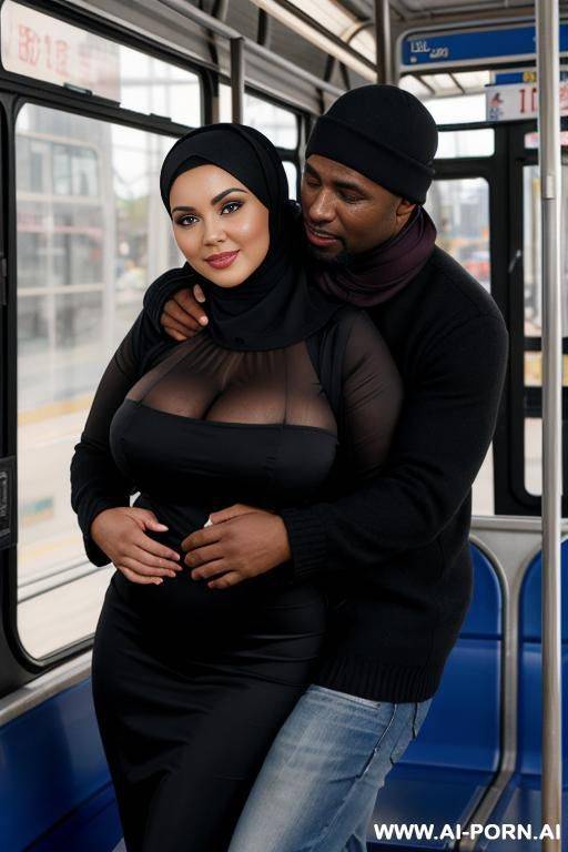 curvy russian brunette busty wife wearing hijab hugged from black man in bus standing - #main