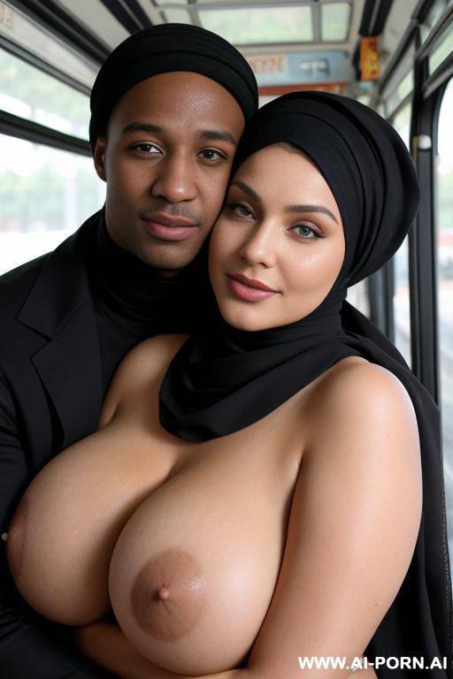curvy russian brunette busty wife topless wearing hijab hugged from black man in bus - #main