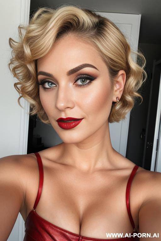 short hair curly, blonde, red lipstick, makeup, normal, milf - #main