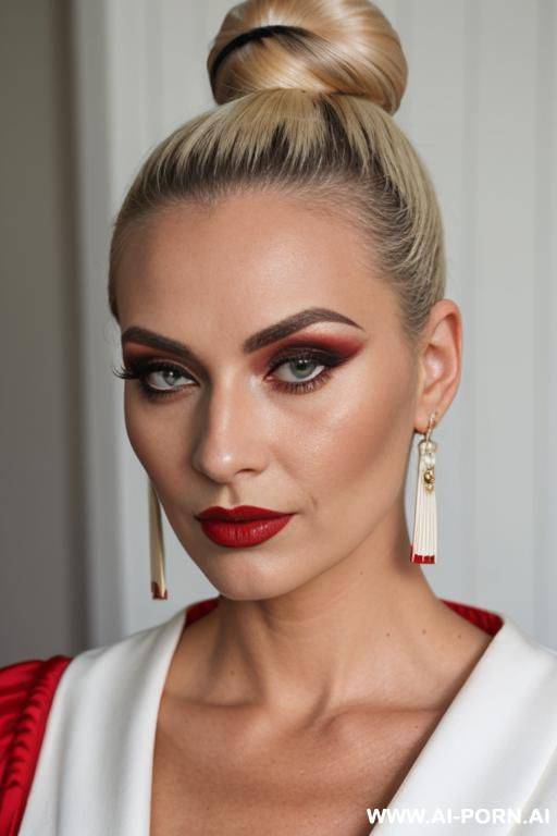 top knot, blonde, red lipstick, makeup, normal, milf, serious - #main
