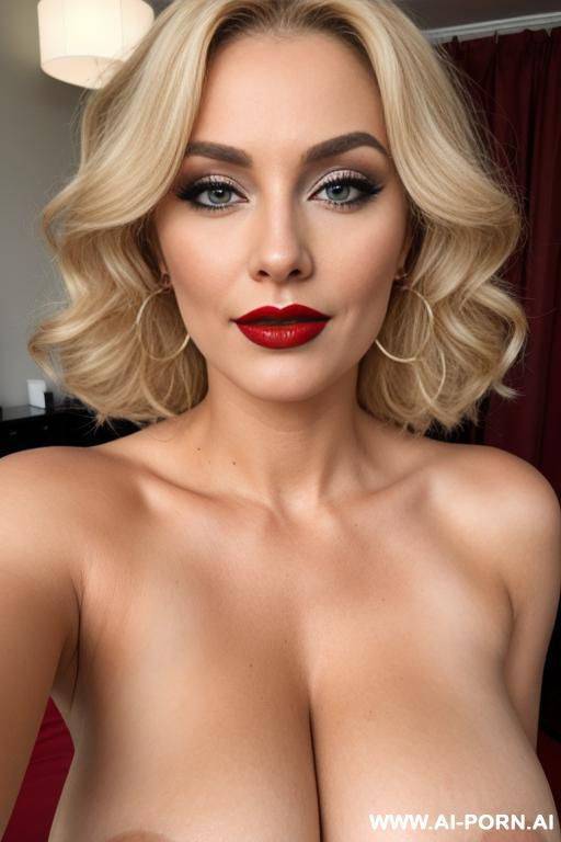 boobs, fluffy curly, blonde, milf, red lipstick, makeup, normal - #main