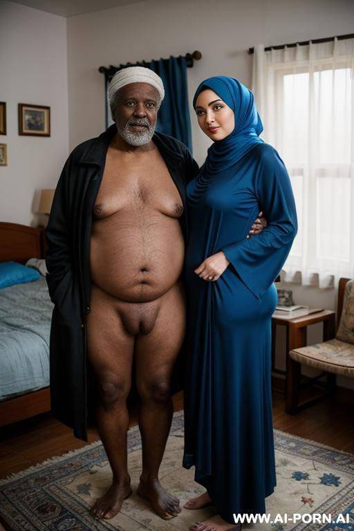 happy curvy russian brunette thick wife fully naked wearing blue hijab standing with old homeless black man in bedroom - #main