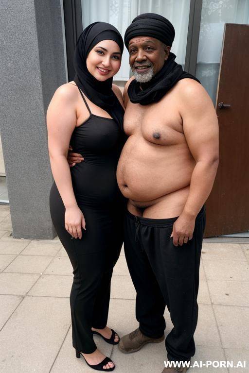 smiling curvy russian brunette chubby wife wearing hijab and fully naked standing with old homeless black man - #main