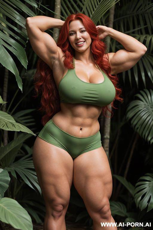 long red wavy hair, curvy body, perky tits, nice hits, pose of ecstasy, attractive smile, in a skimpy explorer leaf green attire, very tight shorts, very tight tank top, in the jungle, huge muscular muscled bulked up strong thighs, muscular strong arms, - #main