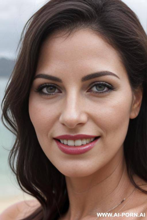 (((beautiful sexy attractive))) (closeup) milf, beach, overcast cloudy day with diffuse soft light, (eye contact), happy smile, [[lipstick]] - #main