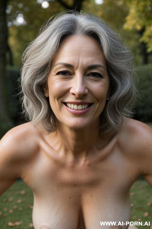 woman with short gray hair in a park, extrem puffy hart nipples, looking in front, smiling, full hairy pussy and full hairy vagina, long cucumber in her vagina, - #main