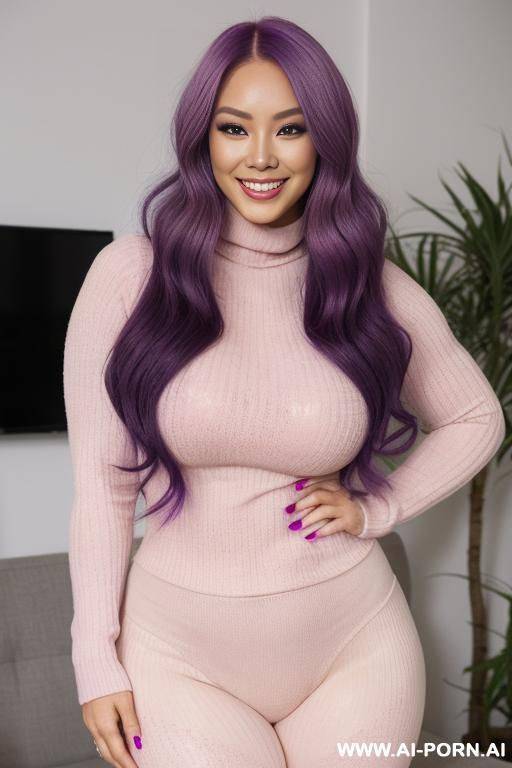 a half-french and (half-korean) 15cm tall supermodel, wearing a cozy cream-colored sweater, a matching pair of leggings that cling to her curves, and a stylish beret. she has a (perfect hourglass - #main