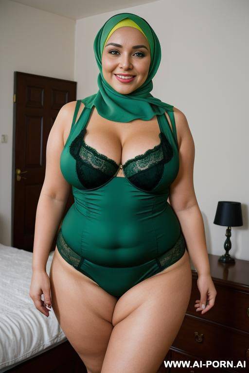 smiling curvy russian thick milf wearing hijab and green lingerie standing with old black man in bedroom - #main