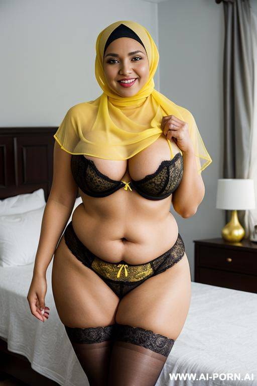 smiling curvy russian thick milf wearing hijab and yellow lingerie hugged from old black man in bedroom - #main
