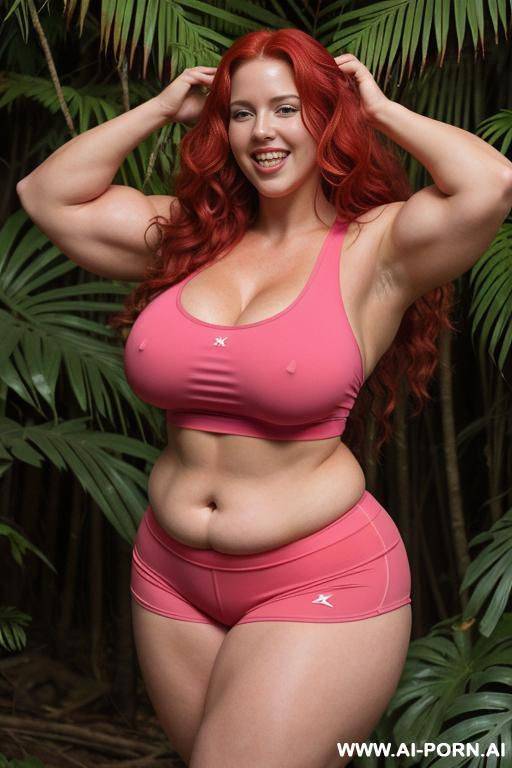 long red wavy hair, obese curvy body, perky tits, nice hits, pose of ecstasy, attractive smile, in a skimpy explorer pink attire, very tight shorts, very tight tank top, in the jungle, huge muscular muscled bulked up strong thighs, muscular strong arms, - #main