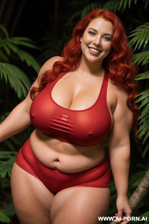long red wavy hair, obese curvy body, perky tits, nice hits, pose of ecstasy, attractive smile, in a skimpy explorer ruby red attire, very tight shorts, very tight tank top, in the jungle, - #main