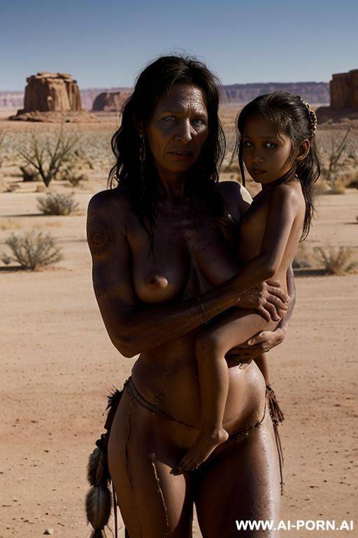 post-apocalyptic, scared naked mom with her scared naked duaghter, looking at camera - #main