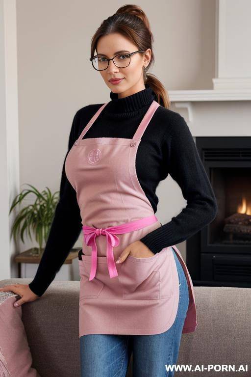brown hair, ponytail, large breasts, (black cashmere sweater), (blue jeans), (pink apron), living room, beautiful milf, glasses - #main
