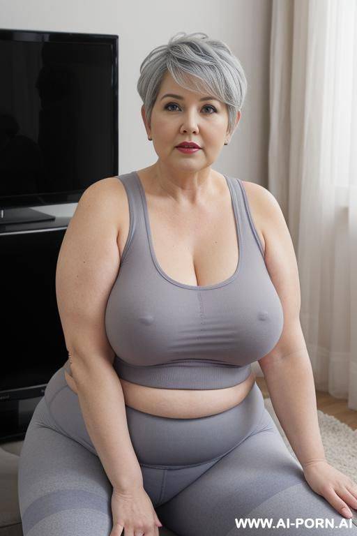 chubby 0 year old chubby grandma, very visible signs of age, fully body, standing, triangle hip, thick-thighs, hands on waist, wearing blue leggings, wearing pink tank top, living room in front of the television, legs spread open - #main
