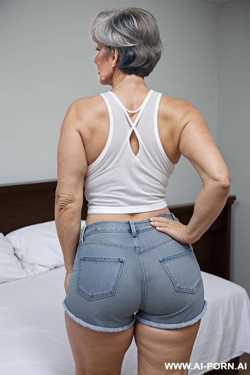 back view, 0-year-old grandmother, full body, standing, lady, short gray hair, clearly visible age marks, triangular hips, thick thighs, wearing blue denim shorts and a white tank top, double bedroom - #main