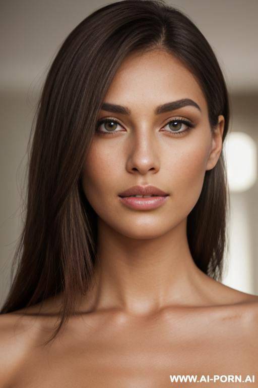 realistic, highly detailed portrait of a woman with m, lightly tanned skin and natural lighting that enhances her facial features. her brown hair is tied back with side bangs that fall softly - #main