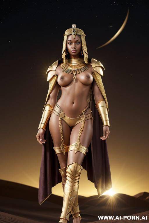 sci-fi egyptian royalty. queen, royal necklace, pierced navel, rings, bracer, anklet, huge nipples, gold armour, anklet, gold thigh high gladiator sandals. gold mesh cloak. thigh chain. gold armour - #main