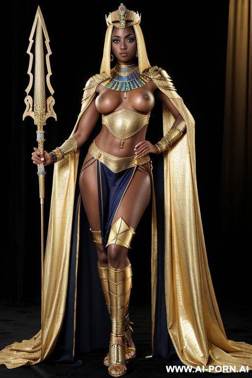 black woman with bright blue eyes. sci-fi egyptian royalty. queen, royal necklace, pierced navel, rings, bracer, anklet, huge nipples, gold and sapphire armour, anklet, gold thigh high gladiator - #main