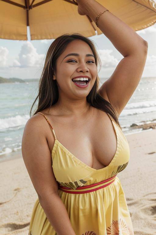 beach festival, summer party, a fat chubby shorty filipina milf is posing in the beach wearing a yellow summer dress. she is at a beach party. she is happy. she is screaming. she is - #main