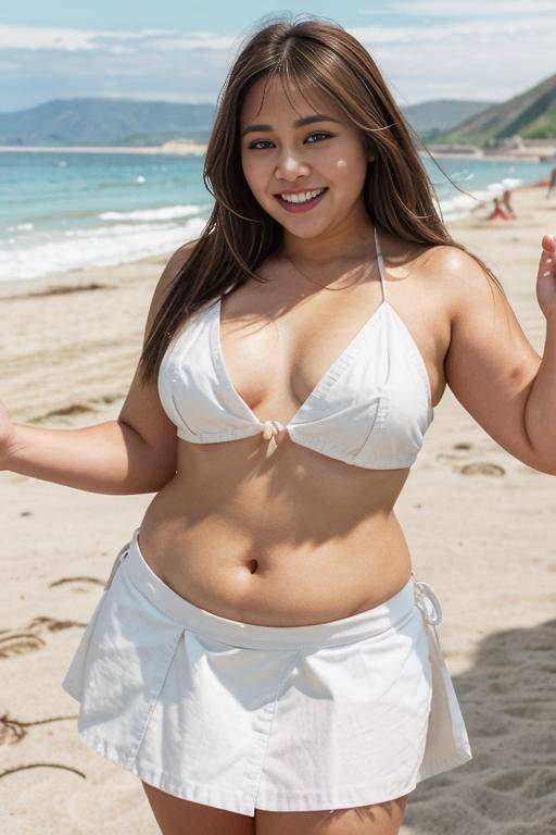 beach festival, summer party, a fat chubby shorty filipina milf is posing in the beach wearing a (white bikini top) and a (denim skirt). she is at a beach party. she is happy. she is - #main