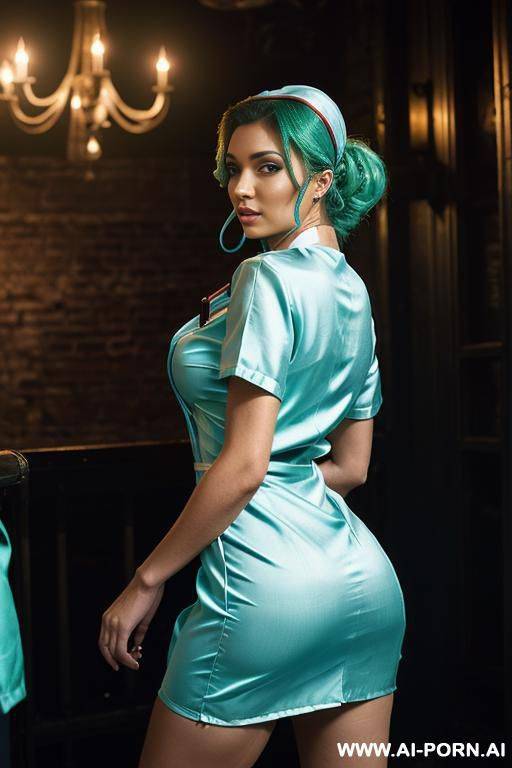 an elderly woman with brunette hair stands in a nightclub, dressed in a tight silk dress. realistic image - #main
