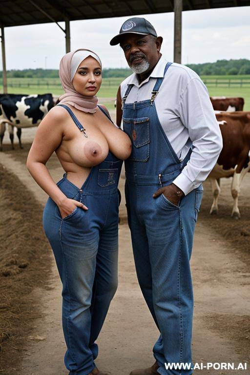 curvy russian thick milf topless wearing hijab and blue overalls standing with old black man in cows farm - #main