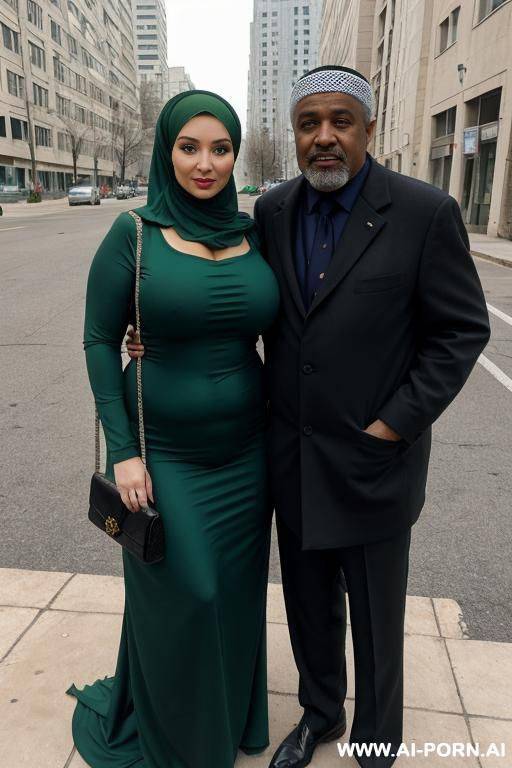 curvy russian thick milf wearing hijab and green lingerie standing with homeless old black man - #main