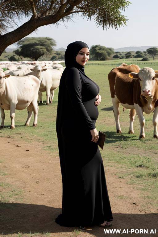 curvy russian thick milf fully naked wearing hijab standing cows farm in africa - #main