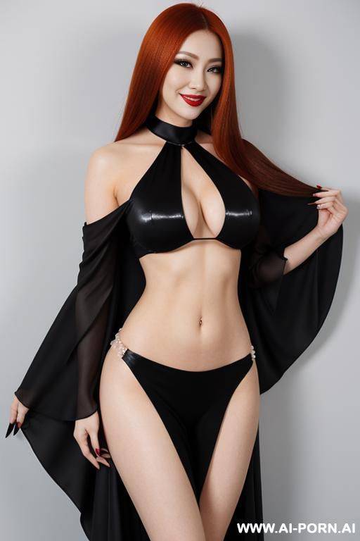 full view, eye contact, gorgeous cacked woman wearing see through black elegant batwing sleeve oriental abiya tattoo, heavy make-up, pearl and diamond luxury - #main