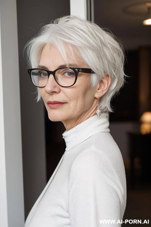 a white-haired woman with white hair and glasses is facing us, looking behind her back. - #main