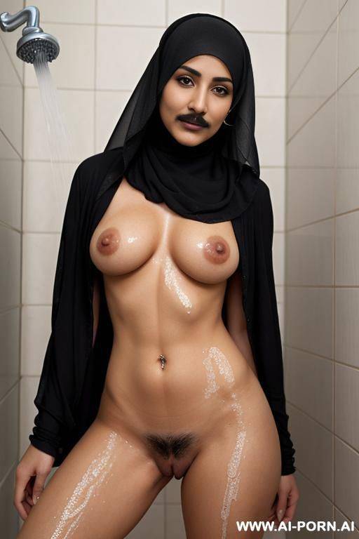 arab milf with a mustache wearing only a hijab taking a shower with woman with short hairy - #main