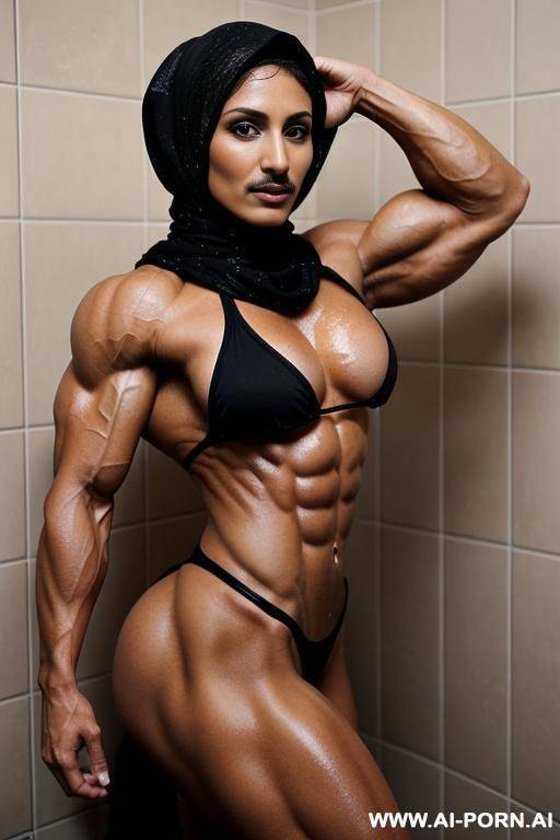 arab milf with a mustache wearing only a hijab taking a shower with woman with short hair and hairy pussy and hairy legs and hairy arms - #main