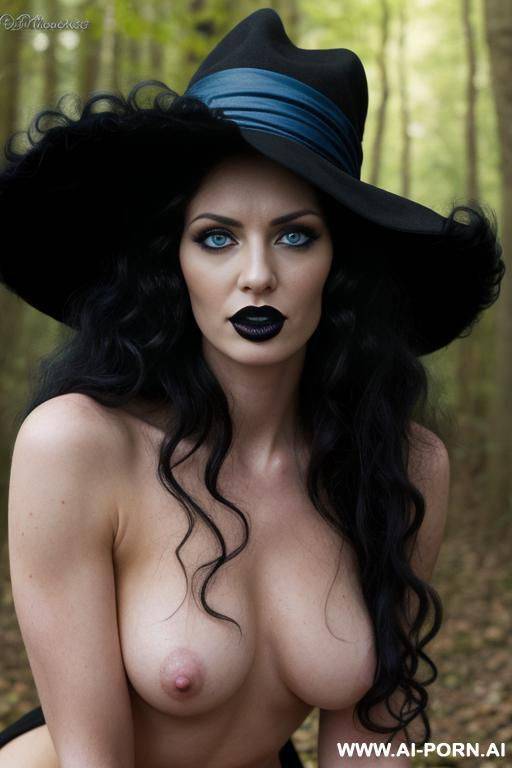 _photo realistic, wamp, goth skin, topless, no bra, black dress, black witch hat, ((very long big curly soft fluffy hair)), blue eyes, doing blowjob to her man - #main