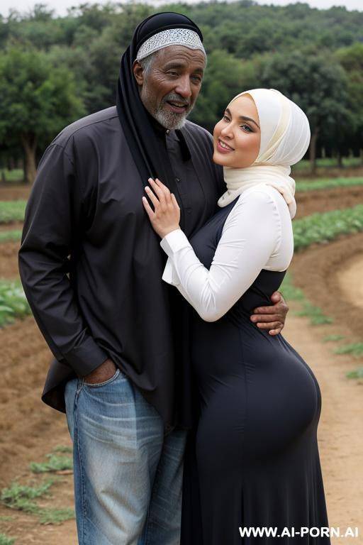 curvy russian thick milf wearing hijab hugged from old african man in farm - #main