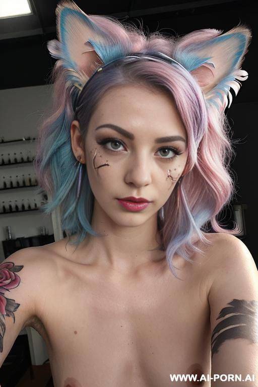 two woman, (((muff))) ,(((looking at viewer))), face, sexy, beautiful, ((face painting)), ((topless)), ((tattoo roses)), ((eyes shw)), ((angel wings)), ((rainbow hair)), ((long bu hair)), ((wind)), (( cat - #main