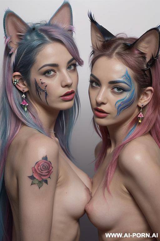 two woman, (((licking pussy))) ,(((looking at viewer))), face, sexy, beautiful, ((face painting)), ((topless)), ((tattoo roses)), ((eyes shw)), ((angel wings)), ((rainbow hair)), ((long bu hair)), ((wind)), - #main