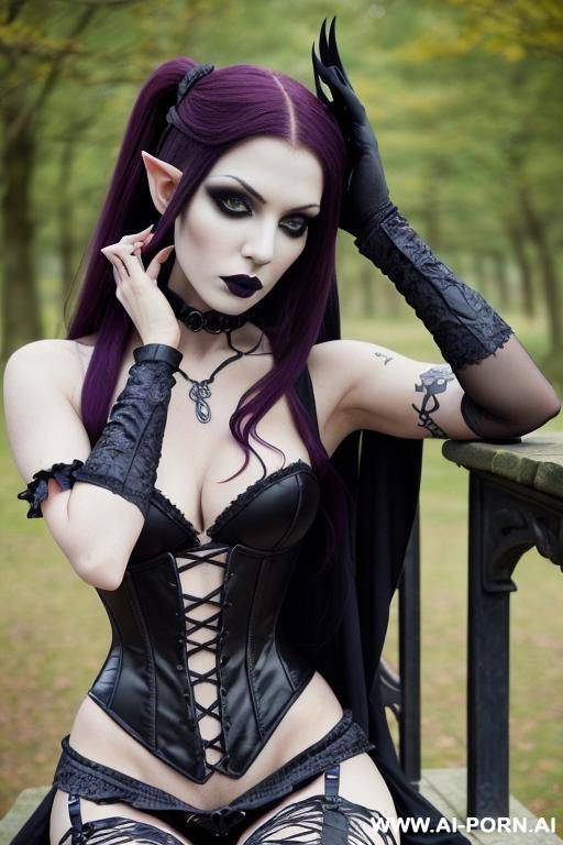 woman, elf, gothic dress, ponytail hair, sitting on the bench, knees together, legs apart, barefoot - #main