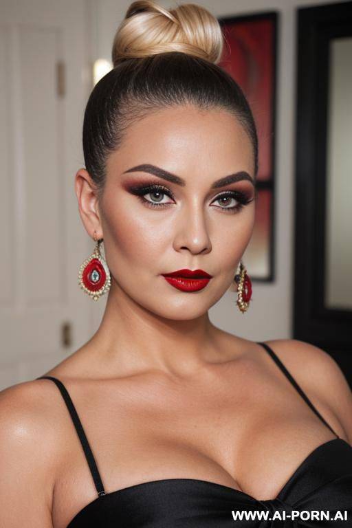 top knot, dark blonde, red lipstick, makeup, chubby, milf, serious - #main
