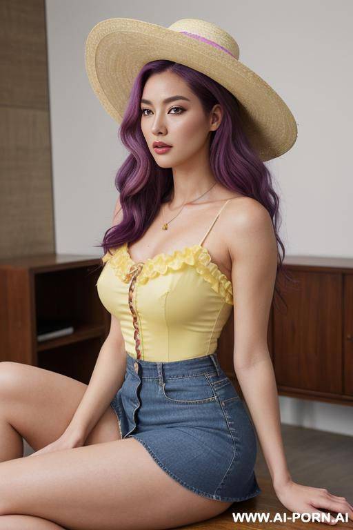 a half-french and (half-korean) 165cm tall supermodel, wearing yellow sundress, rned with floral patterns and delicate frills around the neckline, as well as a high-waisted denim skirt that falls - #main