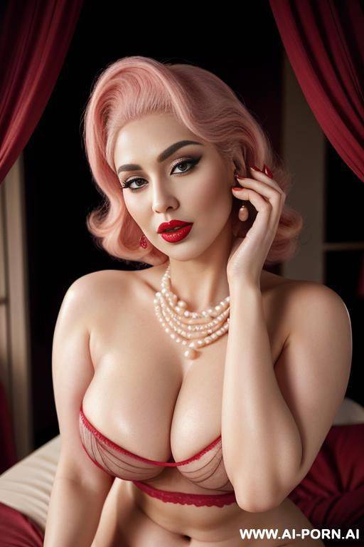 halv nude irish gorgeous cacked woman, pink tear drop breasts, wearing see through arabic abiya, red lipstick pearl and diamond, eye contact. - #main