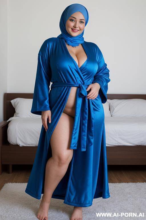 smiling curvy russian chubby wearing hijab standing fully naked opening her blue robe - #main