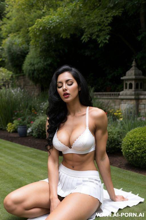 indian, long hair, fit, abs, muscular arms, big ass, tall, long legs, navel piercing, white bra, white pleat skirt, full body, stiletto, in garden, eyes closed, open mouth - #main