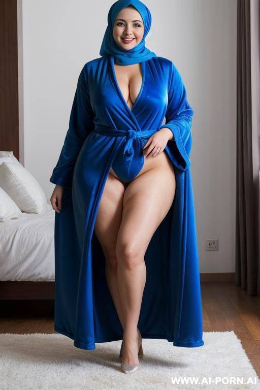 smiling curvy russian thick wearing hijab standing fully naked opening her blue robe - #main