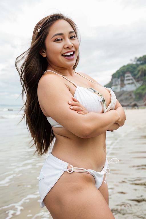 braids, tails, adjusting hair, beach festival, summer party, a fat chubby shorty filipina milf is posing in the beach wearing a (white bikini top) and (denim shorts). she is at a beach party. - #main
