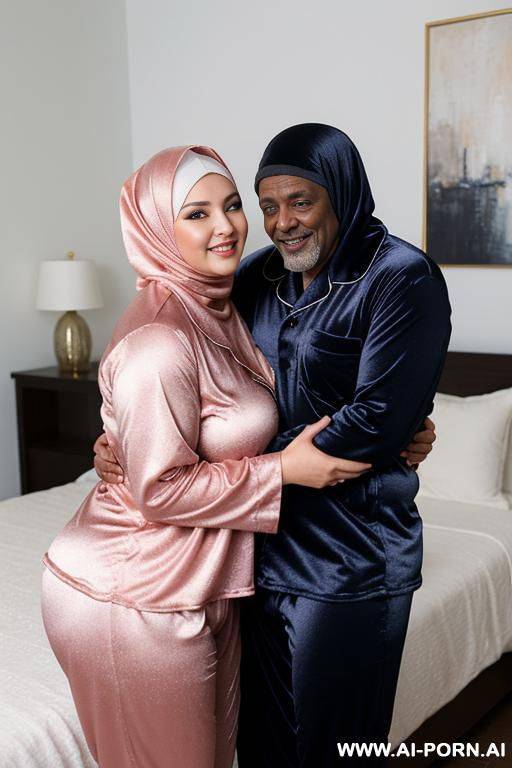 smiling curvy russian thick wife wearing hijab hugged from old black man wearing same silky pajamas - #main