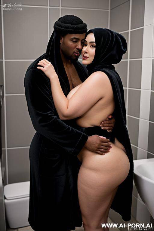 curvy russian thick wife fully naked wearing hijab and bathrobe hugged from naked black man in bathroom - #main