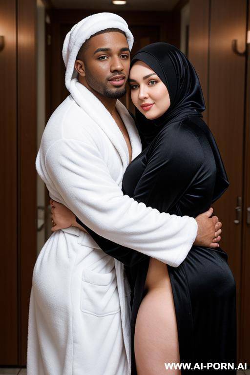 curvy russian thick wife fully naked wearing hijab and bathrobe hugged from black man - #main