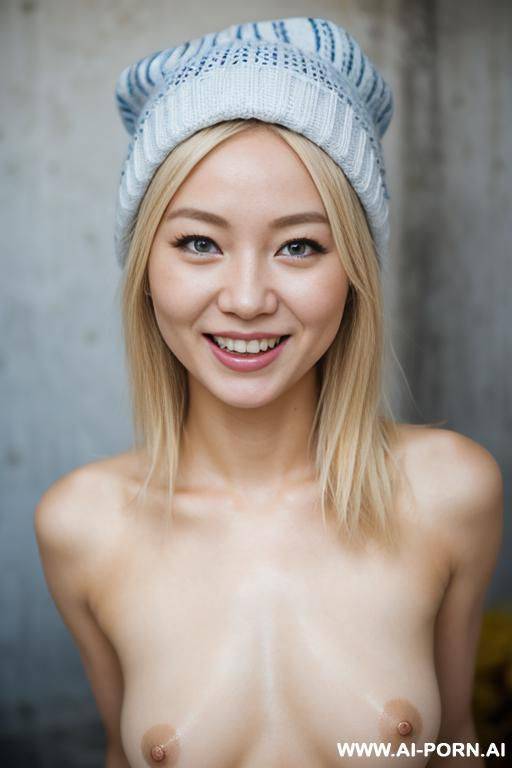beautiful face, blonde hair, blue eyes, beanie, nude, flashing tits - #main