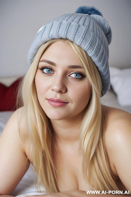 blonde hair, blue eyes, beanie, nude, 1, laying down on bed - #main